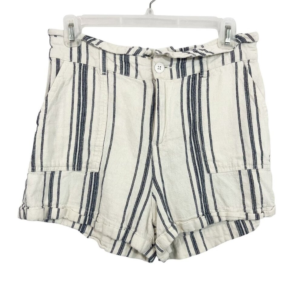 Roxy Cream & Blue Striped Linen Shorts High Rise Beach Casual Boho Size Small